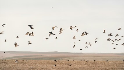 a flock of birds flying over a brown desert plain in front of a sky