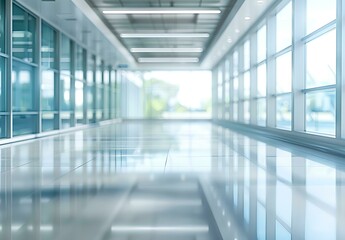 Blurred background of a hospital hall with a white floor and panoramic windows. Space for text. Background concept in the style of business, health care or medical design.