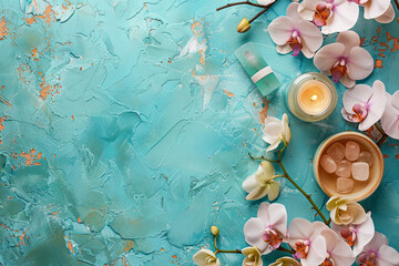 Spa setting with orchid flowers and body care and cosmetic tools on shabby chic turquoise...