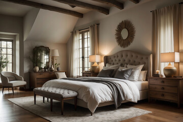 Luxuriöses Landhaus-Schlafzimmer mit eleganter Polsterung und stimmungsvoller Beleuchtung in beruhigender Atmosphäre
