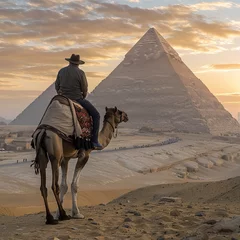 Foto op Canvas A tourist man wearing a hat riding a camel against the backdrop of the Egyptian pyramids in Giza, during sunset in Cairo, Egypt.  © Elshad Karimov