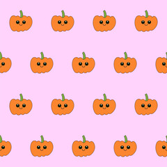 Funny Cute Pumpkin Vegetable Seamless Pattern. Kawaii Bright  Cartoon Character Happy Birthday Wallpaper, Wrapping, Digital Paper Print. Kid Textile fabric Fashion Style. Bold Vivid Color Swatch