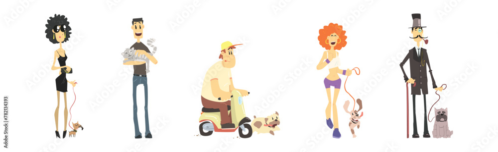 Sticker People Character Pet Owner with Domestic Animal Vector Set