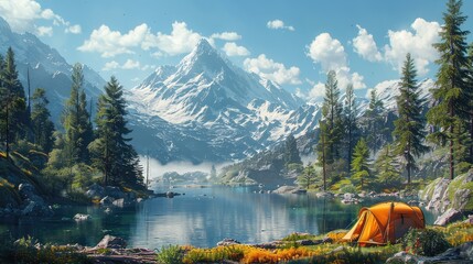 Solo wilderness retreat, Illustrate a lone camper surrounded by pristine nature, finding solace and introspection in the quiet solitude of the wilderness - obrazy, fototapety, plakaty