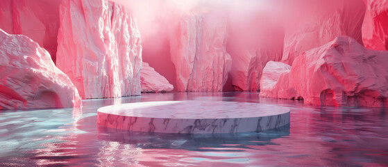 Render background podium water scene red display set backdrop presentation pink wall floor stone stand object minimal
