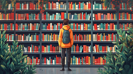 Literary Pursuits: Illustration Showcasing Man Student Amidst Library Shelves. Generative AI - 782135137
