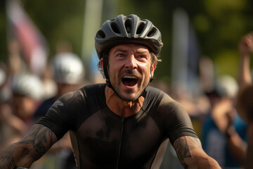 Happy Bicycle Racer Winning Race At The Finish