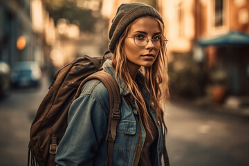 Cute Girl Backpacker Wearing Casual On A City Street