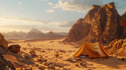 Desert camping, Document the stark beauty of desert landscapes, with campers setting up tents against dramatic sand dunes or rocky outcrops - Powered by Adobe
