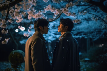 Gay Homosexual Couple Through Sakura Blossoms In Midnight