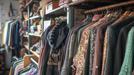 Second hand clothing shop, charity shop or thrift store, which sell second hand, used clothing, accessories, books and household goods