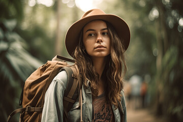 Tourist Girl Backpacker In Hat Wearing Casual Ready To Go In The Jungles