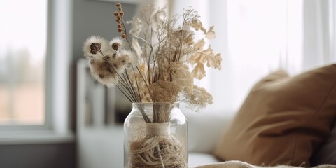 Glass Vase With Dry Beige Flowers On A Table In Living Room