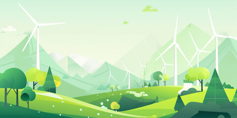 Illustration Of Mounting Valley With Wind Farms At Far