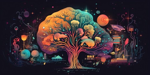Colourful Illustration Of Art Tree On A Black Background - obrazy, fototapety, plakaty