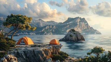 Coastal camping, Capture the allure of camping along rugged coastlines, with tents pitched on sandy beaches or cliffs overlooking the ocean