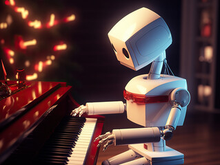 Humanoid Old-Fashioned Robot Playin On Piano