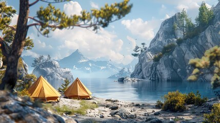 Coastal camping, Capture the allure of camping along rugged coastlines, with tents pitched on sandy...