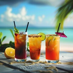 Exotic summer drinks against the backdrop of a blurry sandy beach.