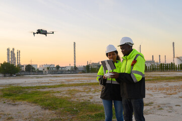 Male and female engineers wearing uniforms and helmets fly drones to inspect petroleum industry projects.