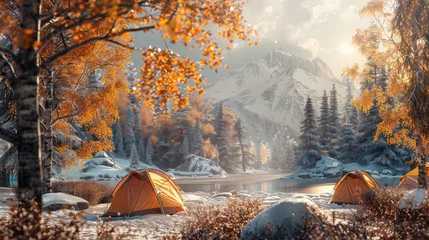 Fotobehang Seasonal camping, Showcase the beauty of camping in different seasons, from snow-covered landscapes in winter to vibrant foliage in autumn © Chom