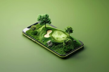 Green golf course on smartphone screen with green background, 3D illustration of a digital recreation of a golfing experience