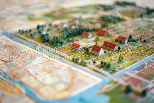 cadastral map with buildings, land parcel and vacant plot - land records and property registry concept