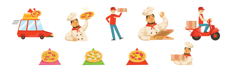 Pizza Delivery Service of Takeaway Food Element Vector Set