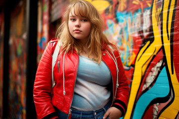 A fat cute girl in a red leather jacket stands against the background of a wall with graffiti, the problem of obesity and excess weight in children and adolescents