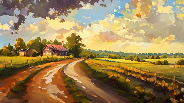 Impressionist farm with clouds in the sky and barn in the distance