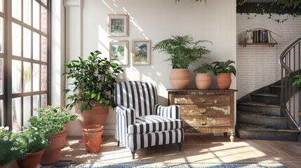 Fototapeta na wymiar Spacious white brick sunlit room with diverse houseplants and cozy blue striped chair. Suitable for real estate, interior design.