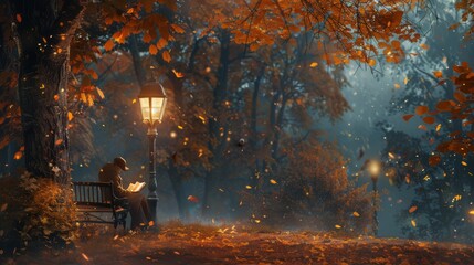 Person reading by lamp post in misty autumn park, serene and atmospheric. Ideal for literary and tranquil themes. - obrazy, fototapety, plakaty