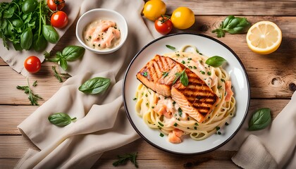 Italian made fettuccine pasta with creamy sauce and grilled salmon. top view
