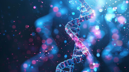 A blue and pink DNA strand with a purple and pink tail - obrazy, fototapety, plakaty