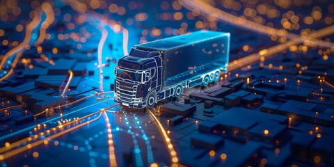 Hologram Truck in Blue Technology Map - obrazy, fototapety, plakaty