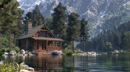 Fototapeta premium Remote cabin getaway, Capture the charm of remote cabins nestled in scenic wilderness settings, offering solitude and tranquility away from the hustle and bustle of city life