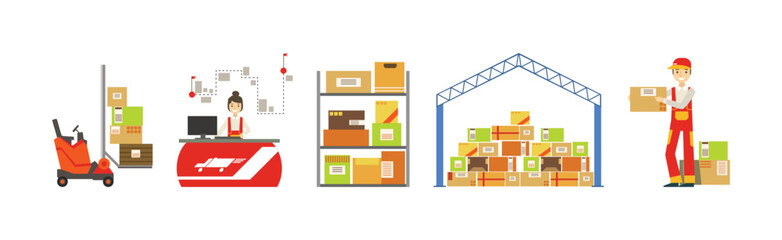 Warehouse and Logistics with Parcel and Cardboard Box Shipment and Storage Vector Set - 782137796