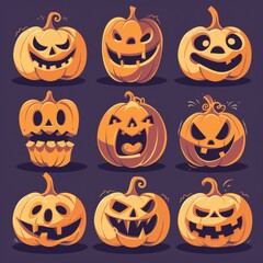 Variety of smiling pumpkin illustrations on colorful background, perfect for cheerful Halloween graphics.