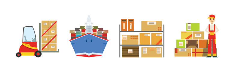 Warehouse and Logistics with Parcel and Cardboard Box Shipment and Storage Vector Set