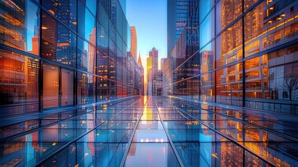 Reflection of skyscrapers in a glass building - obrazy, fototapety, plakaty