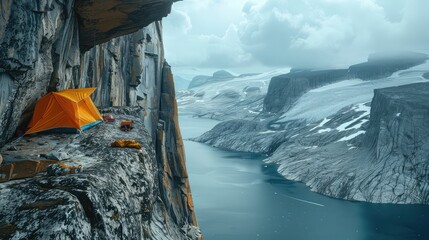 Extreme camping, Photograph adventurers engaging in extreme camping activities like cliff camping, ice camping, or desert camping - Powered by Adobe