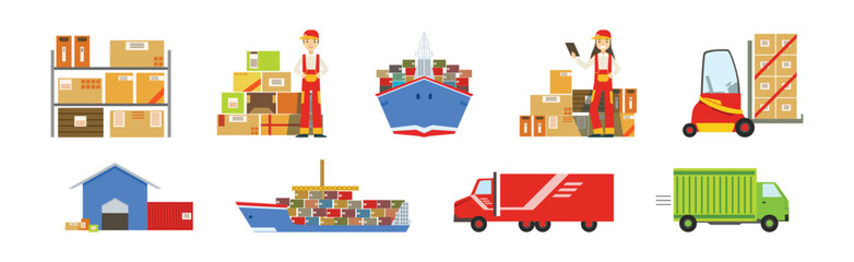 Warehouse and Logistics with Parcel and Cardboard Box Shipment and Storage Vector Set - 782138311