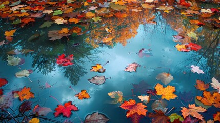Reflections of colorful autumn leaves in a calm pond