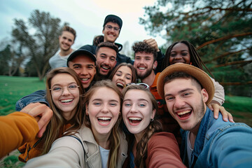 Fototapeta premium Big group of friends taking selfie picture smiling at camera - Laughing young people celebrating standing outside and having fun