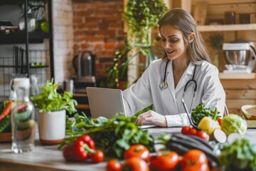 Scientist in lab coat analyzing data on laptop in front of table with variety of fresh vegetables