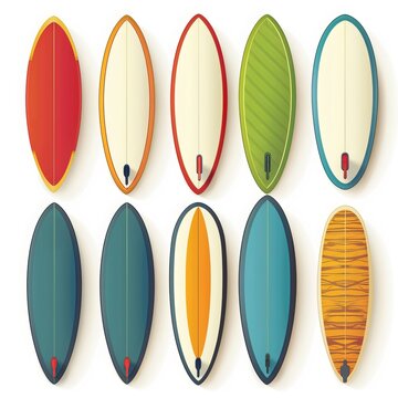 A colorful assortment of surfing board vectors, presented against a white backdrop, ideal for summer-themed designs.