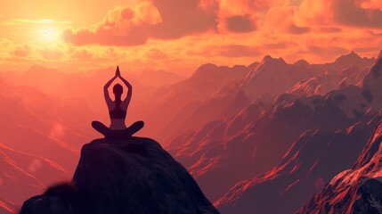A silhouette of a fitness girl practicing yoga on a high mountain top