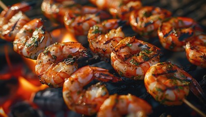 Seafood BBQ Bonanza, Celebrate the joys of outdoor grilling with images of seafood BBQ dishes like grilled shrimp skewers, seafood kebabs, and cedar-planked salmon - obrazy, fototapety, plakaty