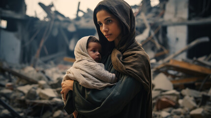 Mother holds child in her arms against backdrop of ruins. Concept of military conflict, natural disasters