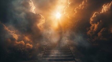 Stairway Leading Up To Heavenly Sky Toward The Light.The endless ladder leads to the sacred heaven - obrazy, fototapety, plakaty